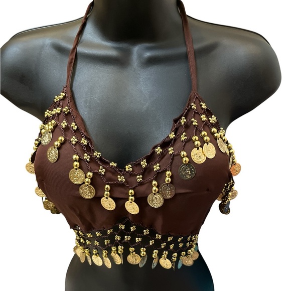 Tops - Brown Belly Dance Halter Tie Back Top with Gold Coin Accents NWT